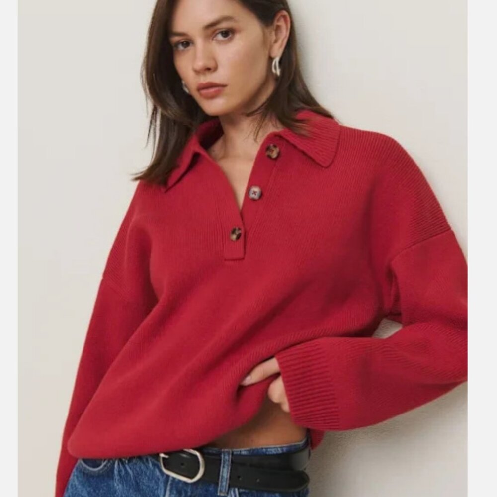 Reformation Red Brooklyn Polo Sweater Organic Cotton Sweater Anthropologie NWT - Picture 9 of 9